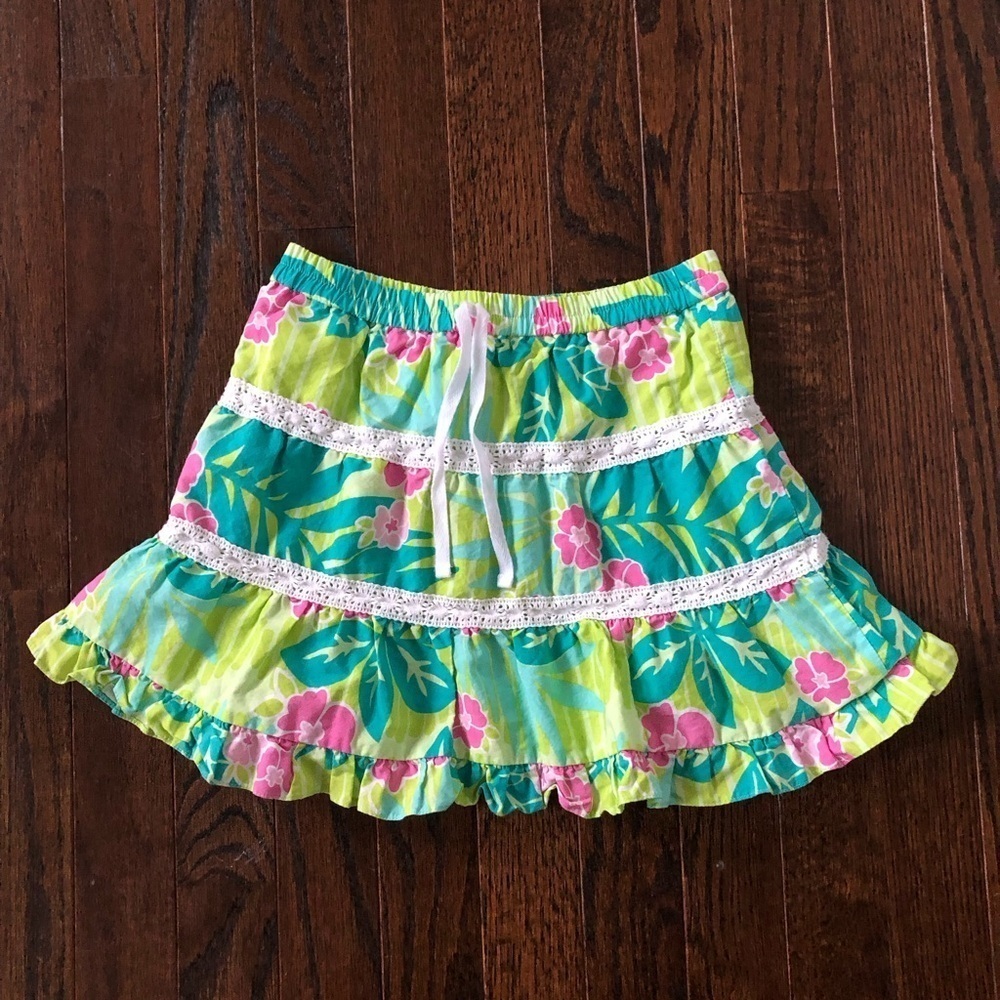 Lilly Pulitzer Girls 5 Green Floral Crochet Ruffled Tiered Mini A-Line Skirt